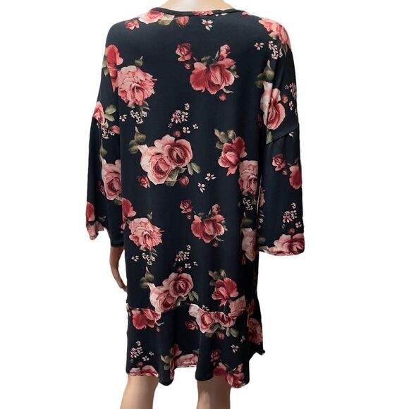 Emberly Black Floral Bell Sleeve Shift Dress Size M - Picture 3 of 12
